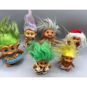 Vintage Troll Doll Collection Colorful Hair & Outfits Set Of 6 Dolls